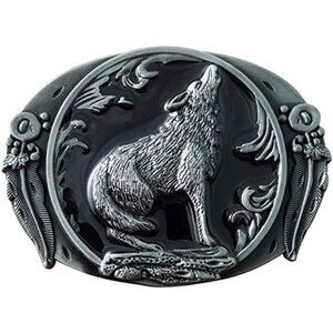 🆕Men's Wolf Western Fashion Retro Black Enamel Grey Tone Zinc Alloy Belt Buckle
